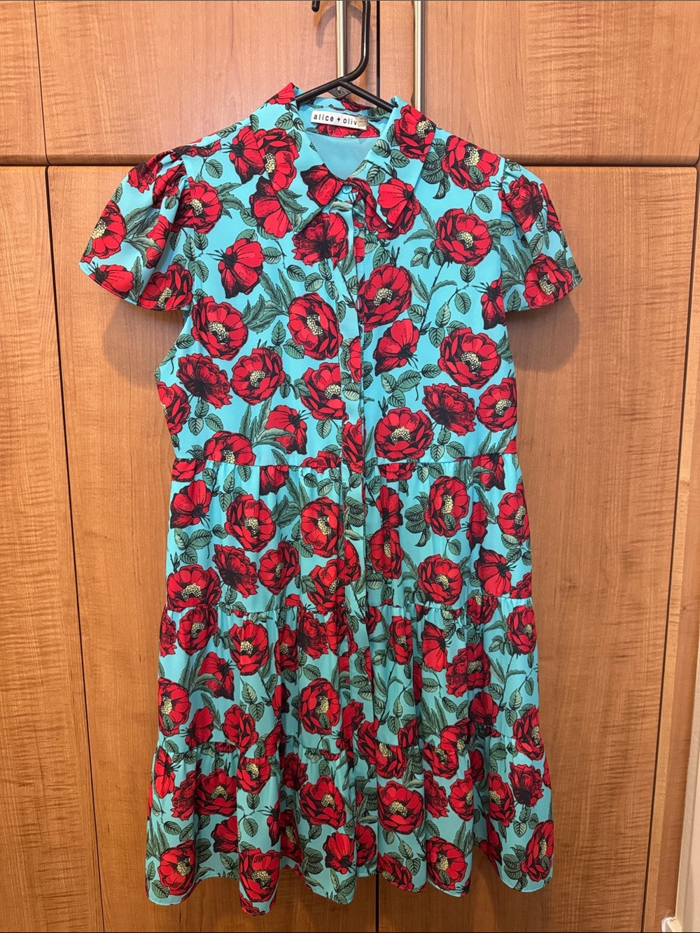 Alice + Olivia Aqua Dress with Red Floral Pattern